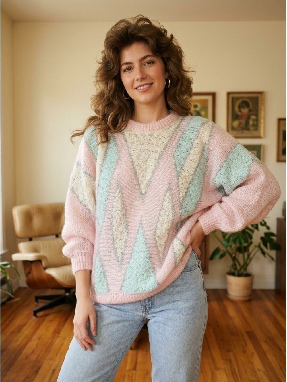 Vintage Pastel Geometric Pattern Pullover Sweater Medium
